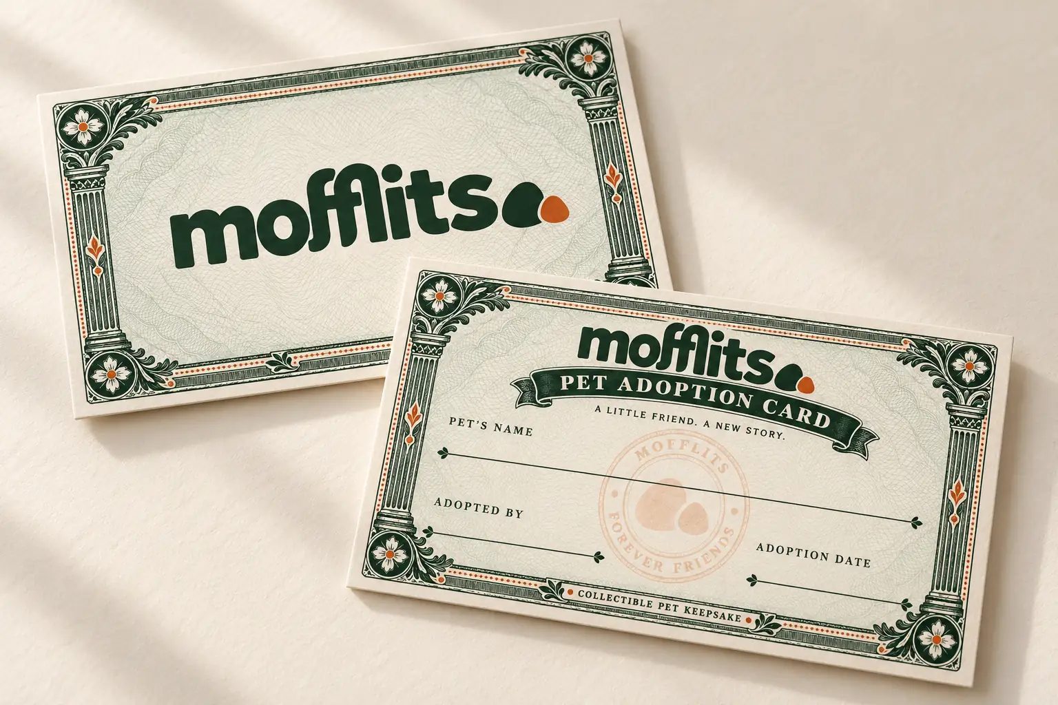 The Mofflits Adoption Card, front and back: the green Mofflits logo in a vintage frame, and blank lines for your pet’s name, who adopted them, and the adoption date