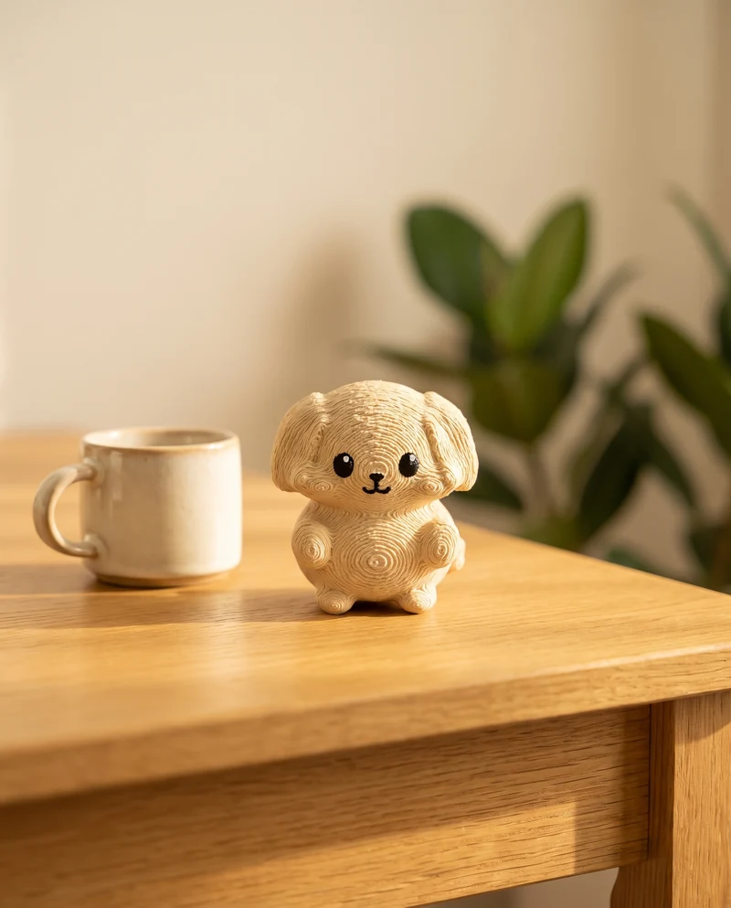 The printed Mofflits Dog, cream with floppy ears, sitting on a wooden table next to a coffee mug