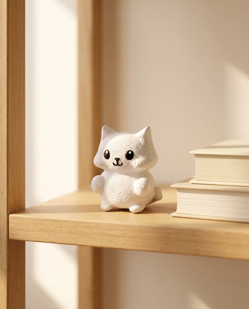 The printed Mofflits Cat, white with a swirled belly, sitting on a wooden shelf next to a stack of books