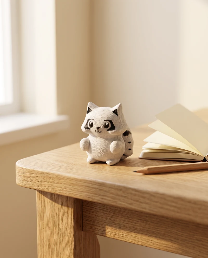 The printed Mofflits Raccoon, gray and white with a masked face and striped tail, on a wooden table next to an open notebook