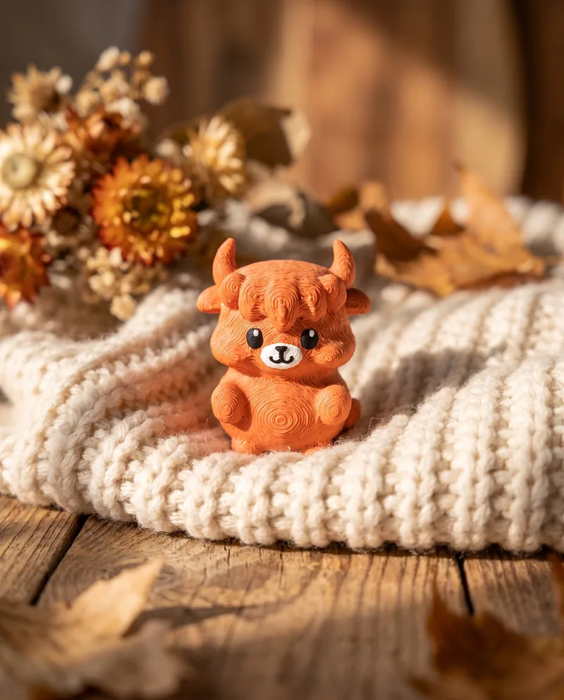 The printed Mofflits Highland, rust orange with a shaggy fringe and horns, sitting on a cream knit blanket