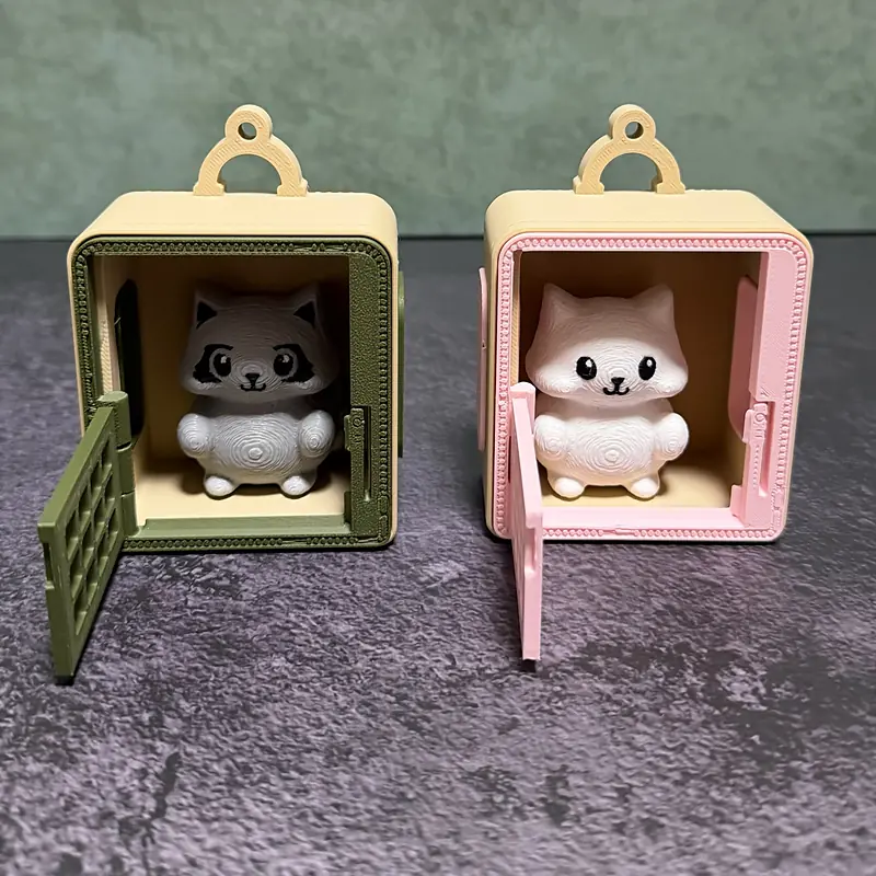 Both carriers with their grate doors swung open, the Raccoon and the Cat standing in the doorways