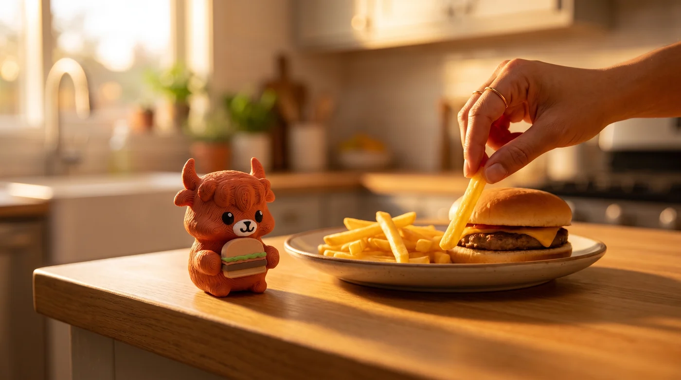 The printed Mofflits Highland holding a tiny hamburger on a kitchen counter, next to a plate of real fries and a burger