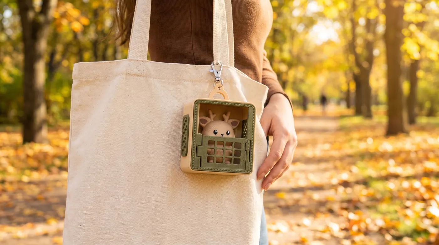The printed Mofflits Deer inside its cream-and-green carrier keychain, clipped to a canvas tote bag on a walk through a park full of fall leaves