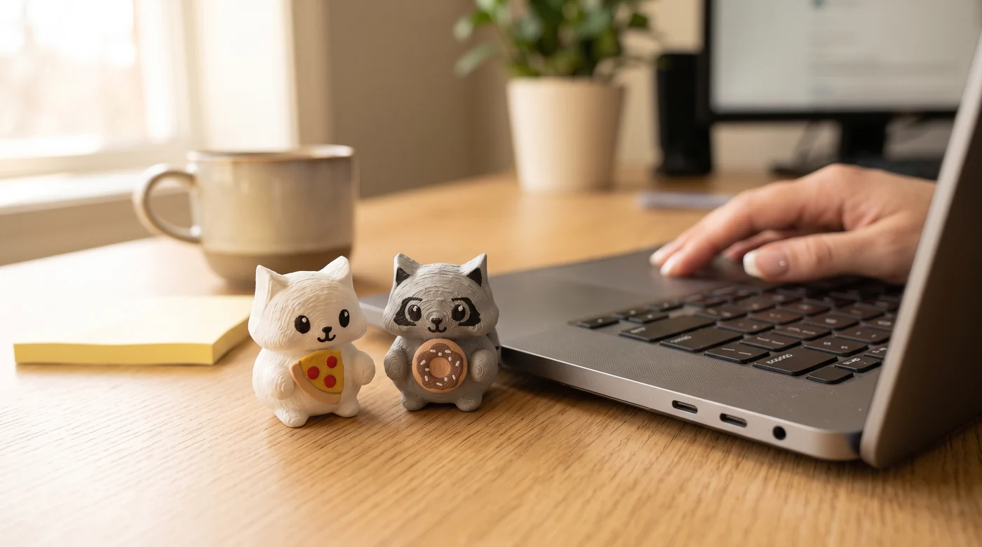The printed Mofflits Cat with a slice of pizza and the Raccoon with a donut, sitting on a wooden desk next to a laptop, a coffee mug, and sticky notes