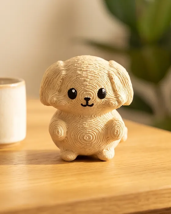 The printed Mofflits Dog, cream with floppy ears, sitting on a wooden table next to a coffee mug