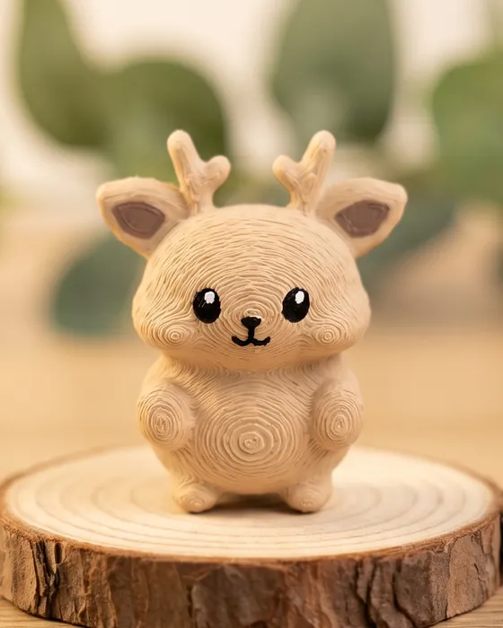 The printed Mofflits Deer, light tan with little antlers, standing on a wood slice
