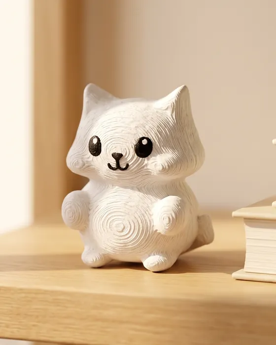 The printed Mofflits Cat, white with a swirled belly, sitting on a wooden shelf next to a stack of books