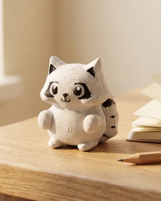 The printed Mofflits Raccoon, gray and white with a masked face and striped tail, on a wooden table next to an open notebook