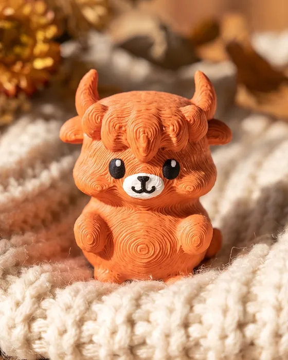 The printed Mofflits Highland, rust orange with a shaggy fringe and horns, sitting on a cream knit blanket